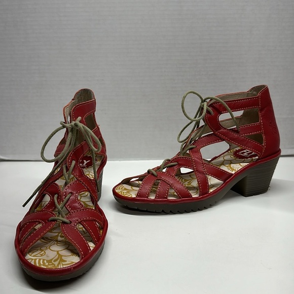 Fly London Lace Up Leather High Heel Open Toe Shoes Sandals Red Size 37 6.5 - 7 - Picture 1 of 13